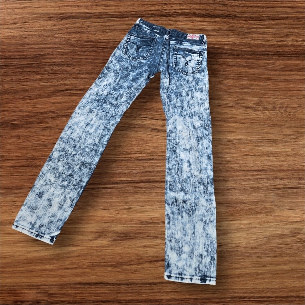 Machine Denim Disressed Acid Washed Ultra Low Rise Jeans - Picture 4 of 7